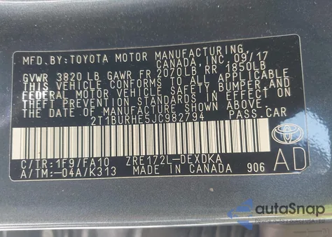 2018 Toyota Corolla L из США, поврежденный, VIN 2T1BURHE5JC982794